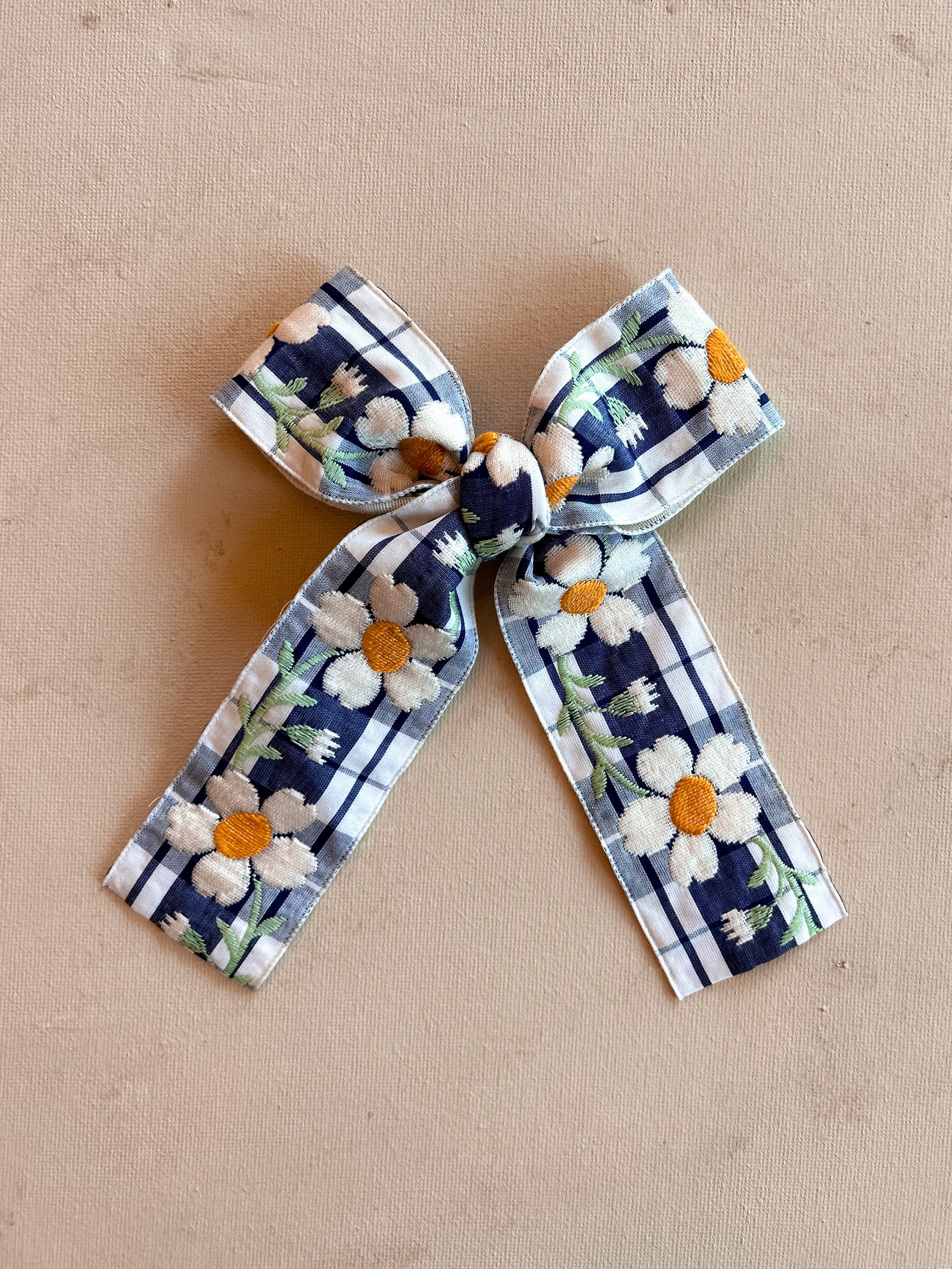 Oversized Ribbon Bow Clip || Blue Daisy Gingham