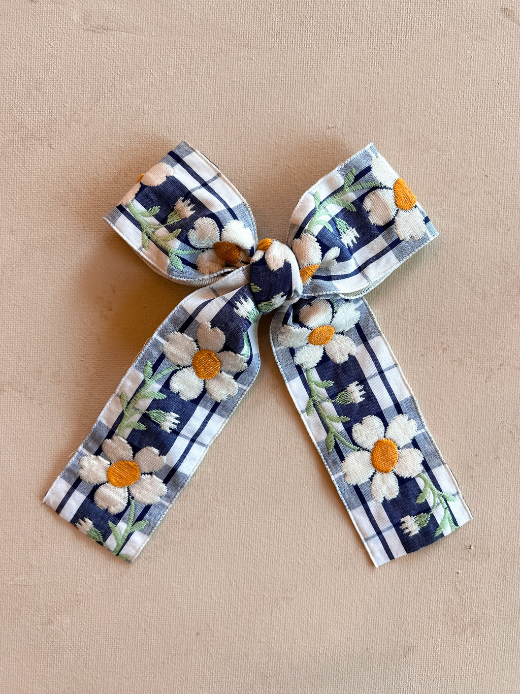 Oversized Ribbon Bow Clip || Blue Daisy Gingham