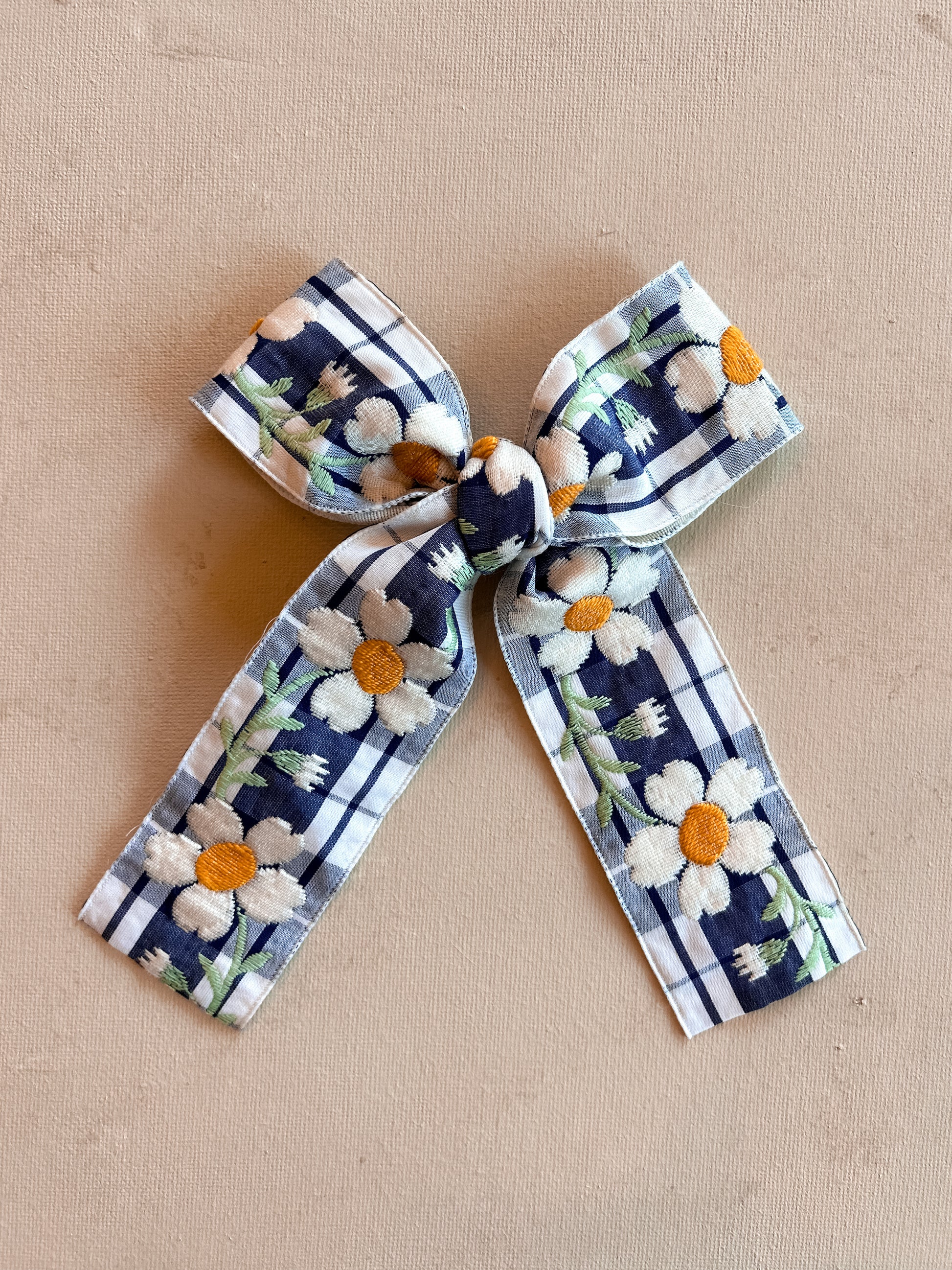 Oversized Ribbon Bow Clip || Blue Daisy Gingham